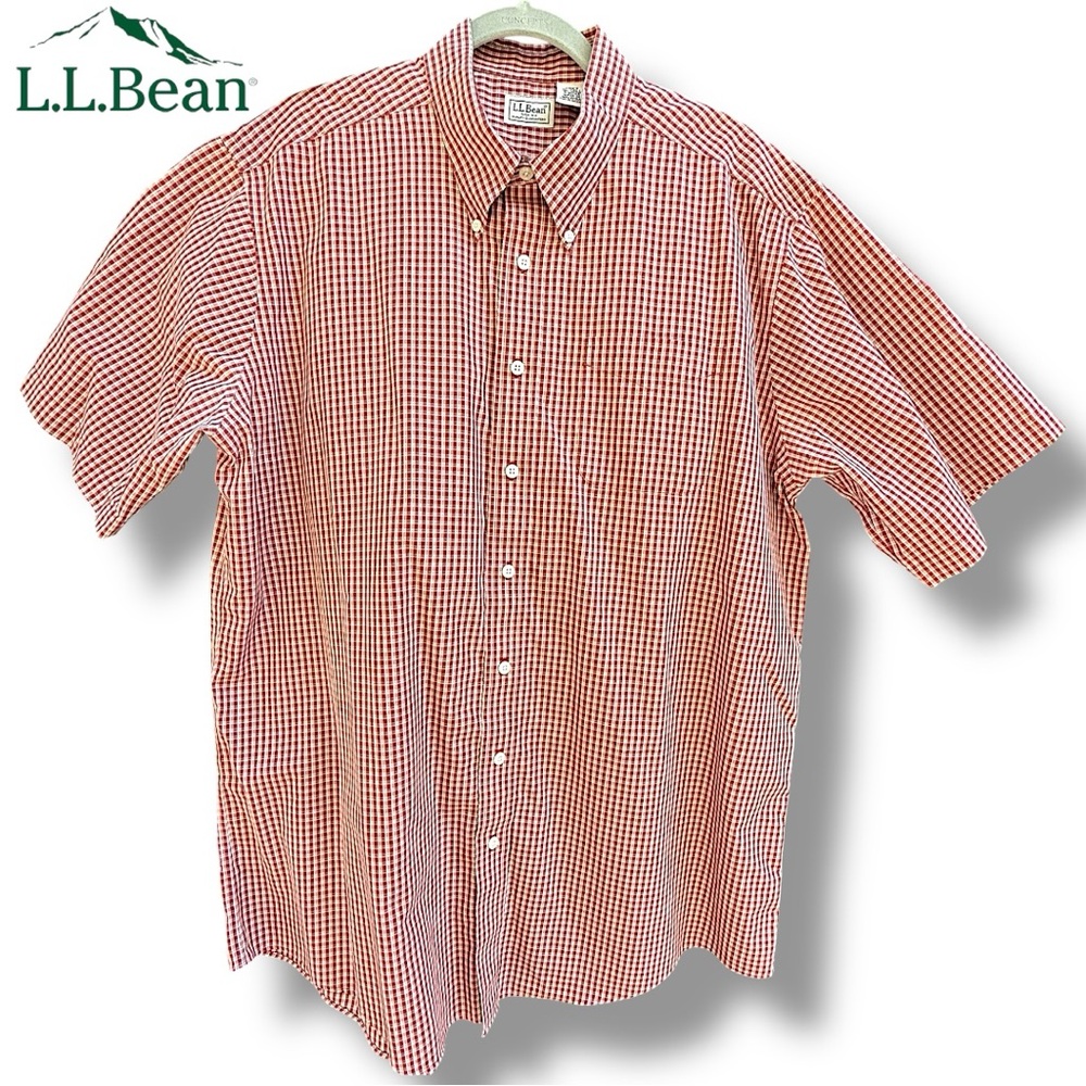 L.L. Bean Men’s Short Sleeve Button Shirt Plaid Cotton Collared Red Rust | XLT